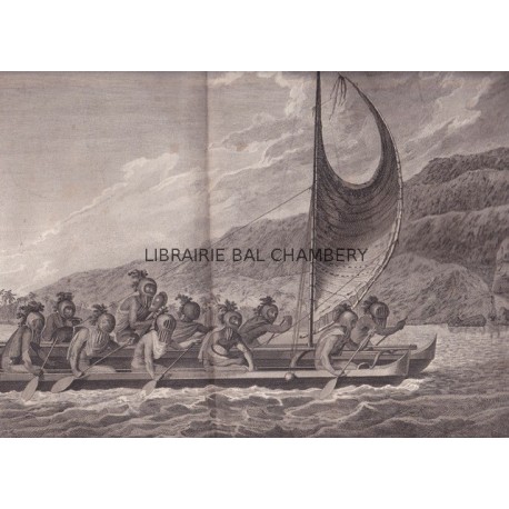 Gravure n° 65 - " Pirogue des isles Sandwich, avec les rameurs masqués " - A Voyage to the Pacific Ocean [Third Voyage]
