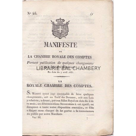 Manifeste de la chambre royale des comptes portant publication de quelques changements aux lois des Douanes