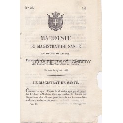 Manifeste du magistrat de santé du Duché de Savoie, portant des dispositions pour prévenir l'invasion du Choléra