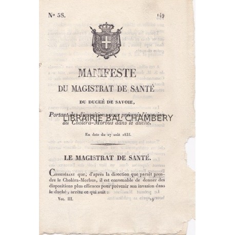 Manifeste du magistrat de santé du Duché de Savoie, portant des dispositions pour prévenir l'invasion du Choléra