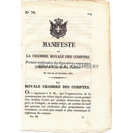Manifeste de la chambre royale des comptes portant notification des dispositions souvraines relative à la vente des Tabacs