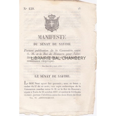 Manifeste du Sénat de Savoie portant publication de la Convention entre S.M. et le Roi de Hanovre pour l'abolition du droit