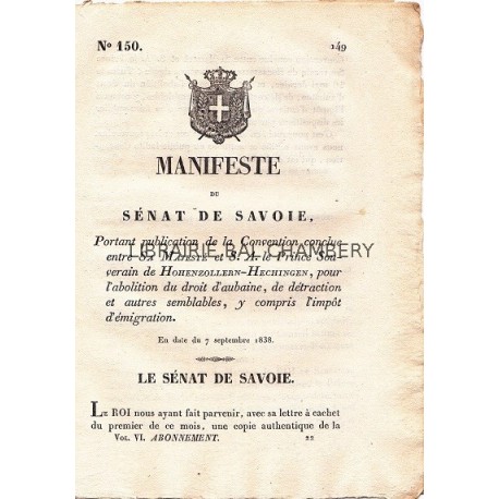Manifeste du Sénat de Savoie portant publication de la Convention conclue entre Sa Majesté et S.A. le Prince Souverain de