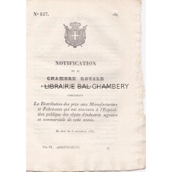 Notification de la Chambre Royale d'Agriculture et de Commerce de Turin concernant la distribution des prix aux Manufacturiers