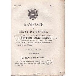 Manifeste du Sénat de Savoie portant publication de la Convention conclue entre  le Roi et S.M. le Roi des Belges, pour