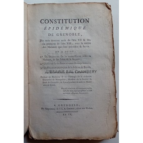 Constitution épidémique de Grenoble des années VII et VIII